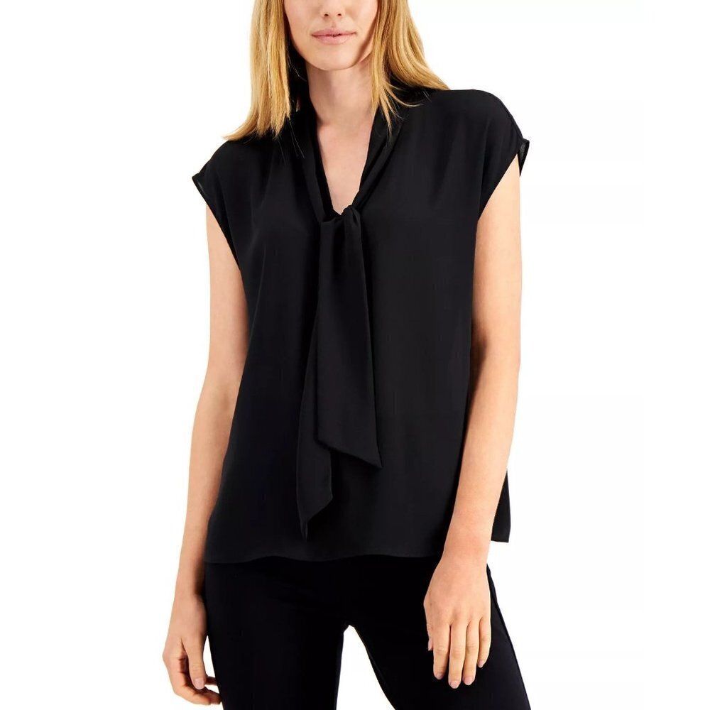 Alfani Womens Size Small Sleeveless Tie-Neck Top Blouse Deep Black $59 1220